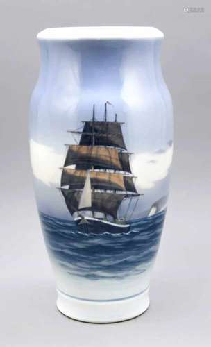 Large vase, Royal Copenhagen, 1980s, 2nd quality, polychrome painting with a large sailingship at