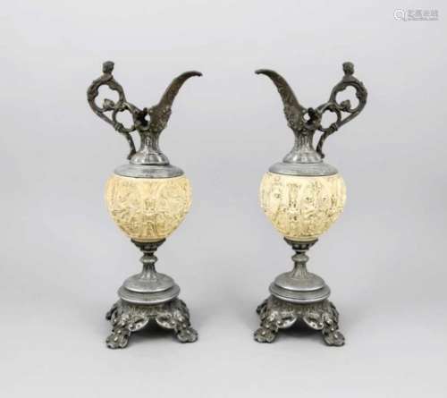A pair of ornamental churns from historicism, c. 1880, pewter with an ivory-coloredceramic body,