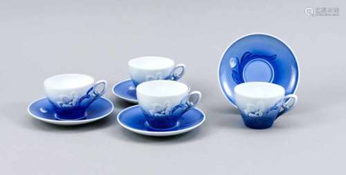 Four mocha cups with saucer, Bing & Grondahl, marks 1950-83, Christmas rose in releif,glazed blue,