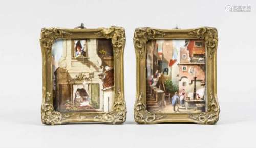 2 Miniatur-Malereien nach Spitzweg, Öl auf Bein? Goldstaffierte Historismusrahmen mitRocaillen, 12 x
