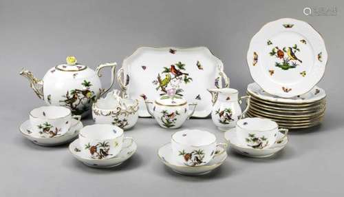 Tea service for 10 people, 35 pieces, Herend, after 1967, form Ozier, decor Rothschildwith birds and