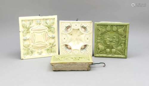 Set of 4 Art Nouveau stove tiles, c. 1900, ceramic, glazed, partly polychrome relief decorwith