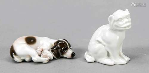 Two dogs, Rosenthal, 1920s-30s, Chinese sitting dog, white, H. 5 cm, lying pointer, graypainted, L.6