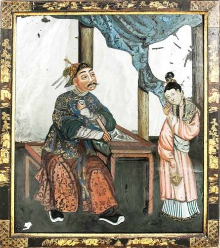 Reverse glass painting, China, 18th / 19th century People dressed courtly, one sitting ata table,