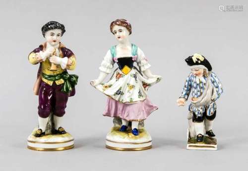 Three figures, gardener couple, Volkstedt, Thuringia, beginning 20th century, boy withflute and