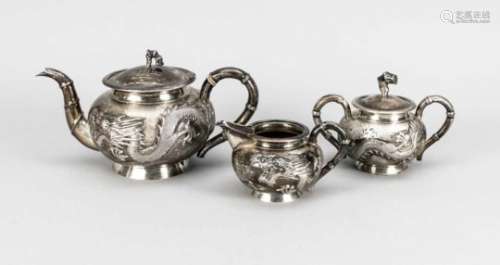 Three-piece tea set, China, around 1900, probably Shanghai, hallmarked KH, marked silver,round