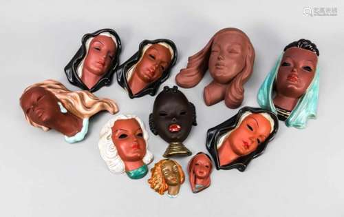 Ten wall masks, Goldscheider, Germany, 1950-70s, terracotta, partly painted in differentcolors,