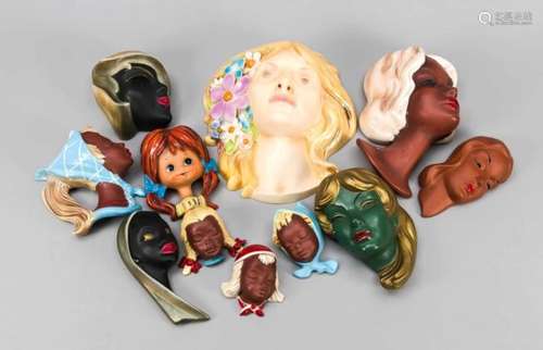 Eleven wall masks, Goebel Oeslau and others, 1950-70s, ceramics, portrait of a girl withflowers in