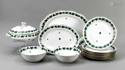 Dining service, 12 pieces, Herend, around 1976, form Ozier, vine leaf decor with gold rim,consisting