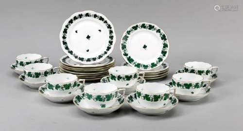 Tea service for 8 people, 29 pieces, Herend, 1970s, form Ozier, vine leaf decor with goldrim,