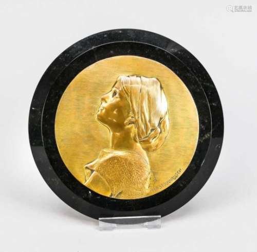 Bronzeplakette, 1. V. 20. Jh. Runde Plakette mit Portrait einer Frau im Profil, bez. H. A.