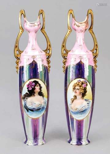 Pair of Art Nouveau vases, early 20th century, oval stand, slender body drawn in towardsthe neck,