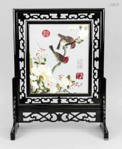 Silk embroidery in a frame, China, 20th century. Semi-transparent embroidery with a fewfinches in