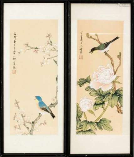 2 silk paintings, China, mid-20th century, each with a bird in a flowering branch. Withcalligraphy