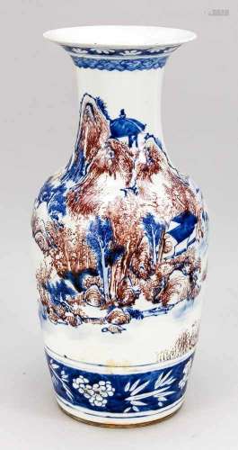 Large vase, China, 20th century, all-round landscape decor in cobalt blue and copper redwith