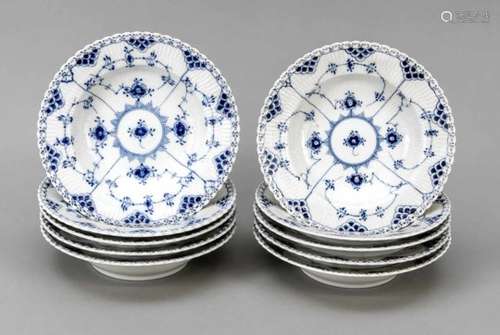 Ten soup plates, Royal Copenhagen, mark since 1923, 1st quality, decor Blue Fluted FullLace in