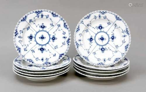 Ten dinner plates, Royal Copenhagen, mark since 1923, 1st quality, decor Blue Fluted FullLace in