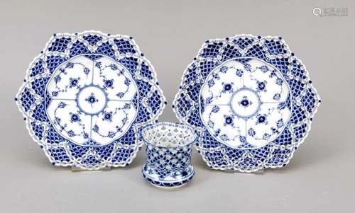 Pair of plates and vase, Royal Copenhagen, marks since 1923, 1st quality, decor BlueFluted Full Lace