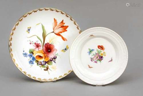 Two plates, KPM Berlin, 20th century, 1x w. red imperial orb mark, shape Kurland,polychrome painting