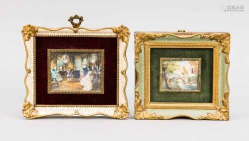 2 Miniaturen, Ende 19. Jh., polychrome Malerei auf Beinplatte. 1 x adelige Gesellschafteinem Konzert