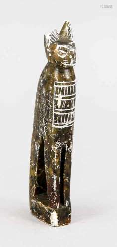 Ägyptische Katzenstatuette (Göttin Bastet), graugrüner Stein (Granit?), durchbrochengearbeitet,