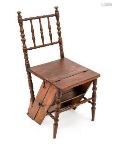 Leiterstuhl um 1900, Buche massiv nussbaumfarbig gebeizt, als Stuhl und als(Bibliotheks-)Leiter