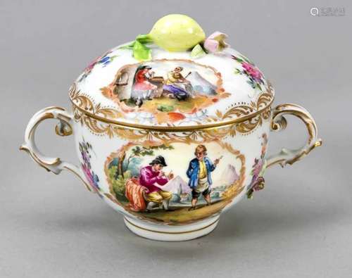 Sugar bowl, 20th century, in the manner of Meissen, mark sanded down, lid knob in theshape of a