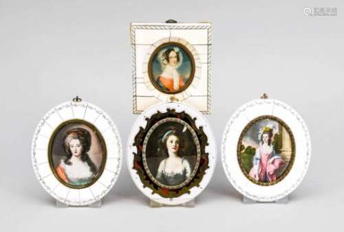 4 Miniaturen, Ende 19./Anfang 20. Jh., Portraits adeliger Damen, teilw. signiert.Polychrome