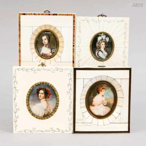 4 Miniaturen, Ende 19./Anfang 20. Jh., Portraits adeliger Damen, polychrome Malerei aufBeinplatte,