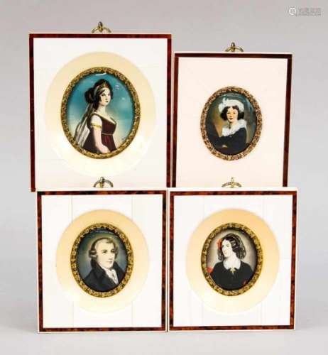 4 Miniaturen, 1. H. 20. Jh., 3 Damen- und 1 Herrenportrait, teilw. signiert. PolychromeMalerei auf