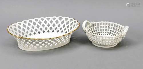 Two basket bowls, KPM Berlin, round basket with side handles, mark before 1945, 2ndquality, white,