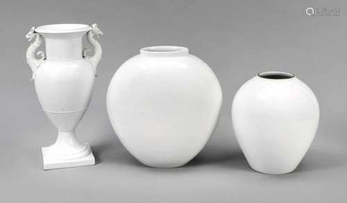 Three vases, KPM Berlin, 20th century, 2nd quality, white, heart-shaped vase, h. 22 cm,egg-shaped