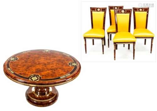 Dekorative Sitzgruppe im Versace-Stil, 20. Jh., bestehend aus Tisch und vier Stühlen, Holzbemalt und