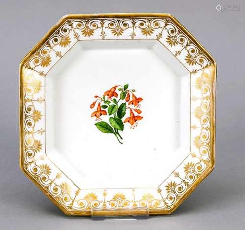 Octagonal plate, KPM Berlin, brand 1837-1844, 1st quality, red orb mark, polychrome flowerpainting