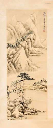 Rollbild, China, 20. Jh., Tusche auf Seide. Gebirgslandschaft, Kalligrafie,Künstlerzeichen, Breite
