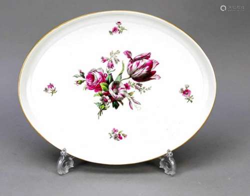 Oval plate, KPM Berlin, 1921, 1st quality, painter's mark, rose bouquet in pink, green andgray, gold