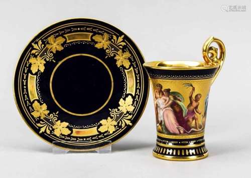 Cup with sauser, Vienna, around 1900-1930, painting Franz Dörfl, bell cup with rosettehandle,