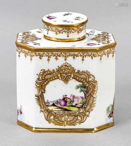 Tea caddy, Samson, Paris, 19th century, flattened octagonal shape with a round stopper,polychrome