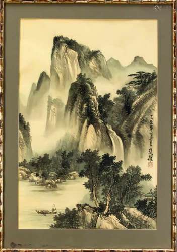 Tuschemalerei, China, 20. Jh., felsige Landschaft mit Wasserfall, Kalligrafie,Künstlerzeichen.