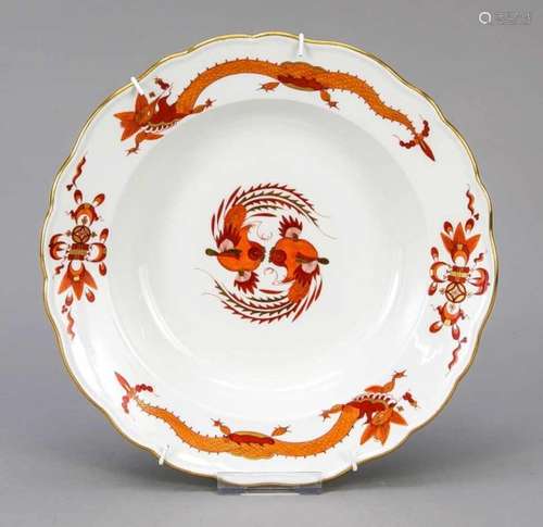 Deep plate, Meissen, mark after 1934, 1st quality, shape new cutout, decor red courtdragon, gold