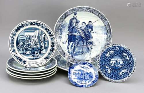 Mixed lot of 9 plates, Delft, 19th-20th Century, different decors in underglaze blue,Dutch