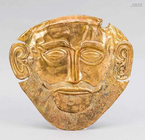 Replik einer goldenen Maske des Agamemnon, wohl 20. Jh., Messingblech, getrieben. Leichtbeulig, am