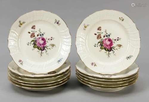 Set of plates, 12 pieces, Royal Copenhagen, 20th century, Neuozier form, polychrome floraldecor,