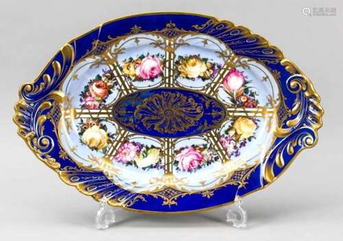 Oval serving plate, in the manner of Sevres, 18th century, baroque shape with side handlesas