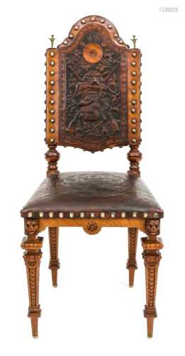 Jagdlicher Stuhl um 1880, Eiche massiv, zeittypisch beschnitzt, Rücken und Sitzfläche mitgeprägtem