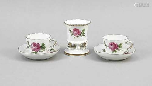 Mixed lot Red Rose, 5 pieces, Meissen, 1950-80s, 2nd quality, polychrome painted, giltedge, 2