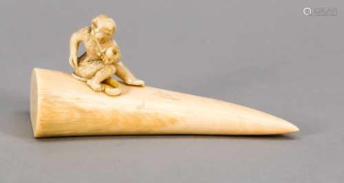 Elfenbeinschnitzerei, um 1900, Pfeife rauchender Affe auf Zahnspitze. Leicht ber., 15 x 7x 5 cm