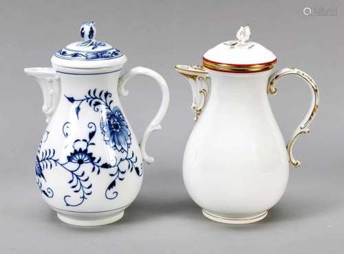 Two coffee pots, Meissen, shape new cutout, coffee pot with coral rim, around 1950, 2ndquality,