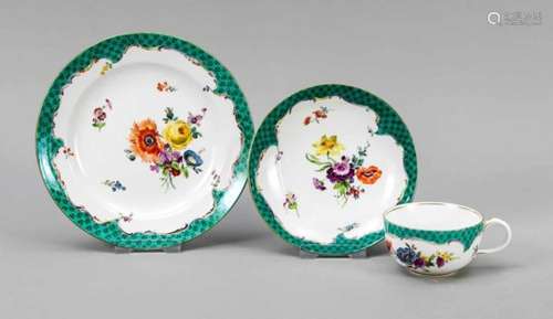 Place setting, 3 pieces, Meissen, mark 1924-34, 1st quality, fine flower painting, Russiangreen