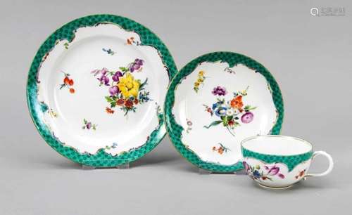 Place setting, 3 pieces, Meissen, mark 1924-34, 1st quality, fine flower painting, Russiangreen